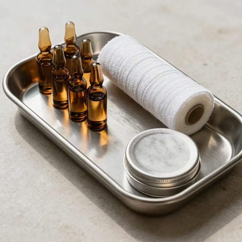 Metaal tray met amber vials, gaasrol en tin op een lichte steenachtige ondergrond.