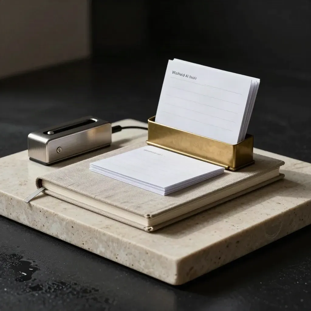 Donkere studiostill met notebook, promptkaarten en metalen accessoires op een kalkstenen plint.