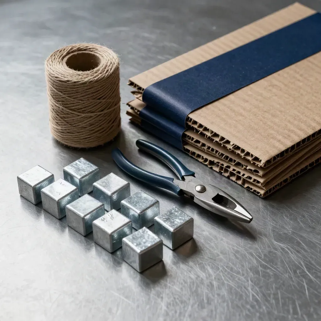 Verzinkte pakketgewichten, touw, sealknijper en golfkarton in strakke flat lay op metaal.