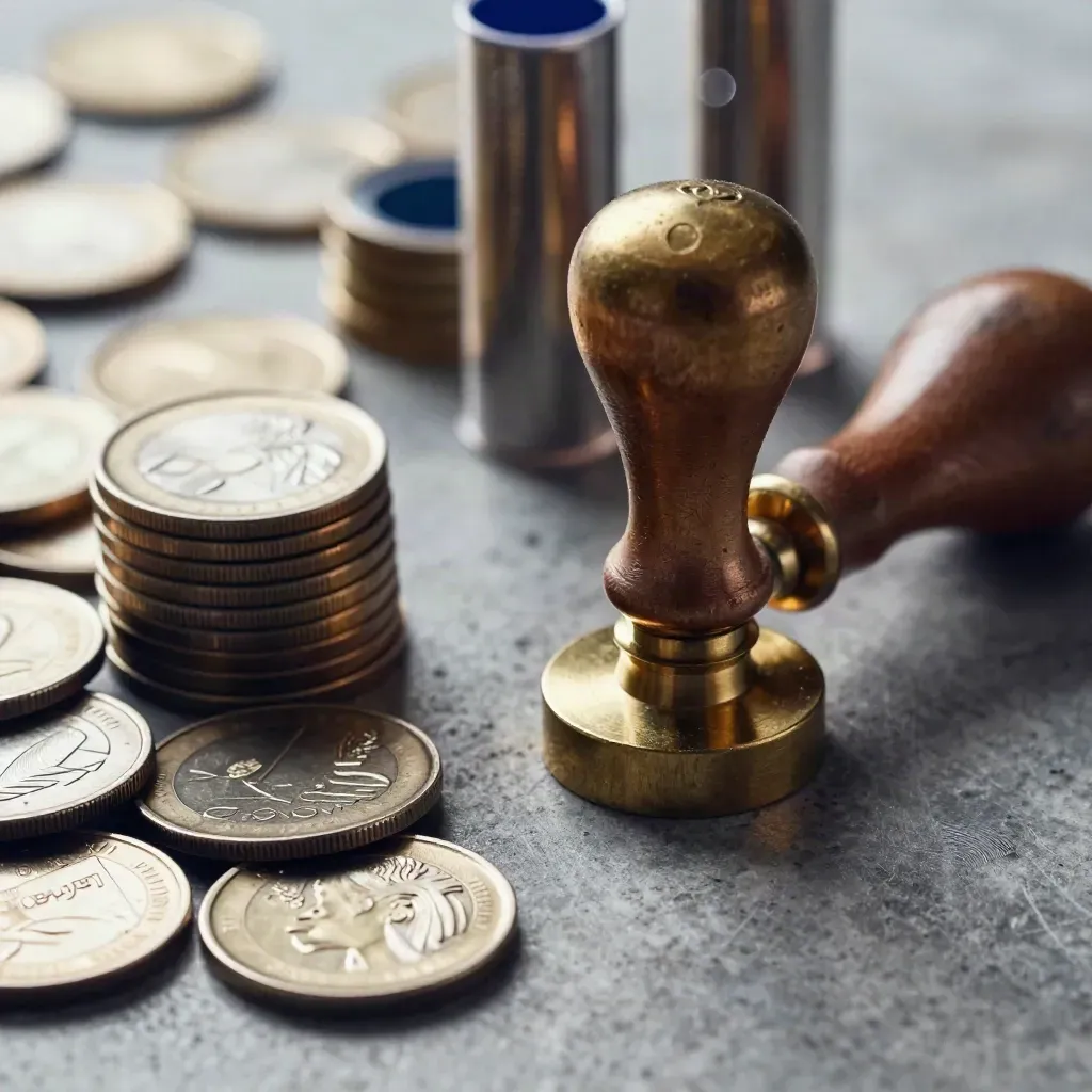 Brass stempels, muntbakjes en kokers op steen, in strakke macro-opname.