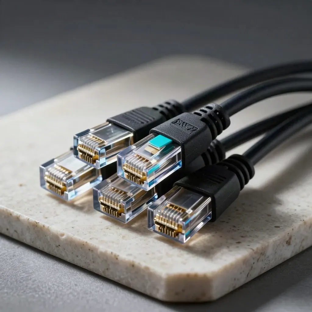 Netwerkkabels en RJ45-stekkers rond een cyaan hub op travertijn, dramatisch uitgelicht.
