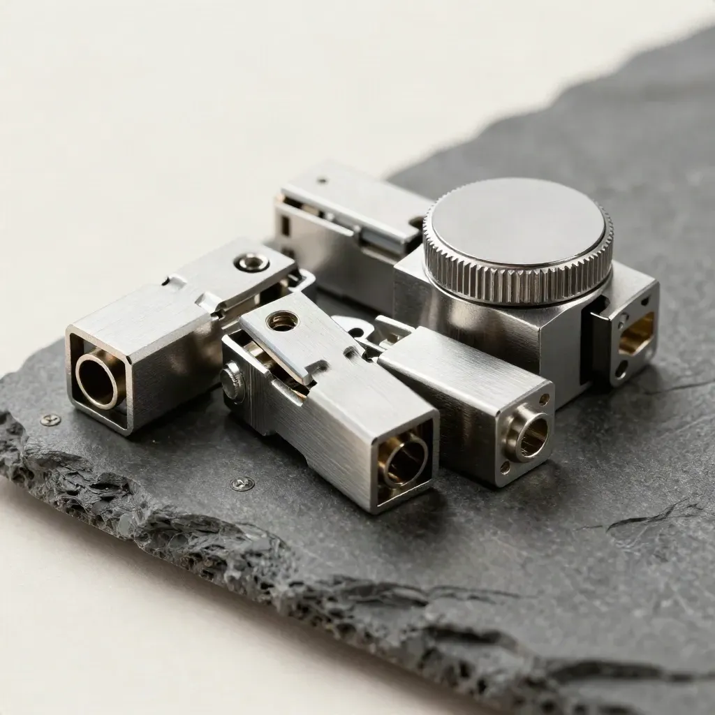 Metalen kabelclips, relayknop en connectoren op steen, in macro met koel licht.