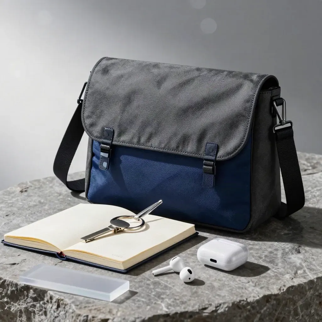 Open messenger bag met notebook, oplader en oordopjescase op steen, gefotografeerd door mat acryl.