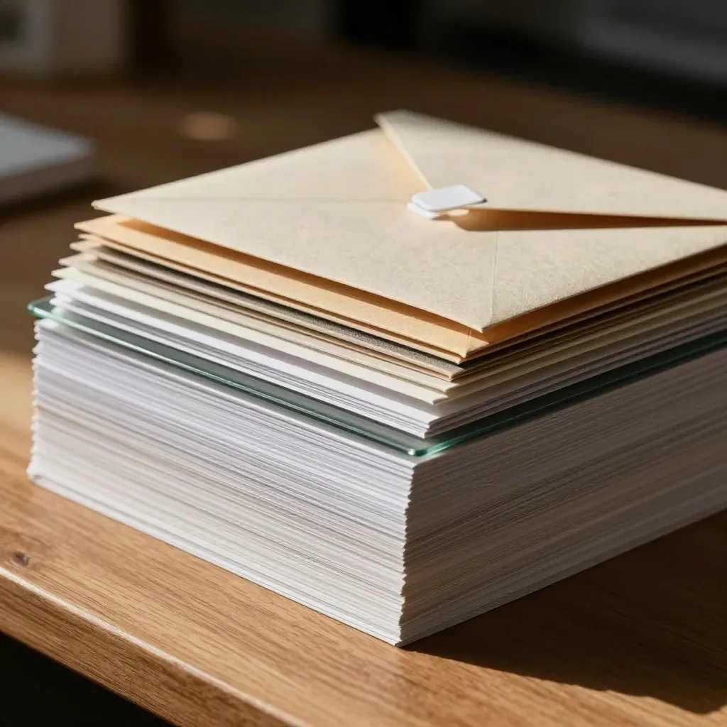 Overhead close-up van proefdrukken, enveloppen en swatchdecks op een eiken werkblad.