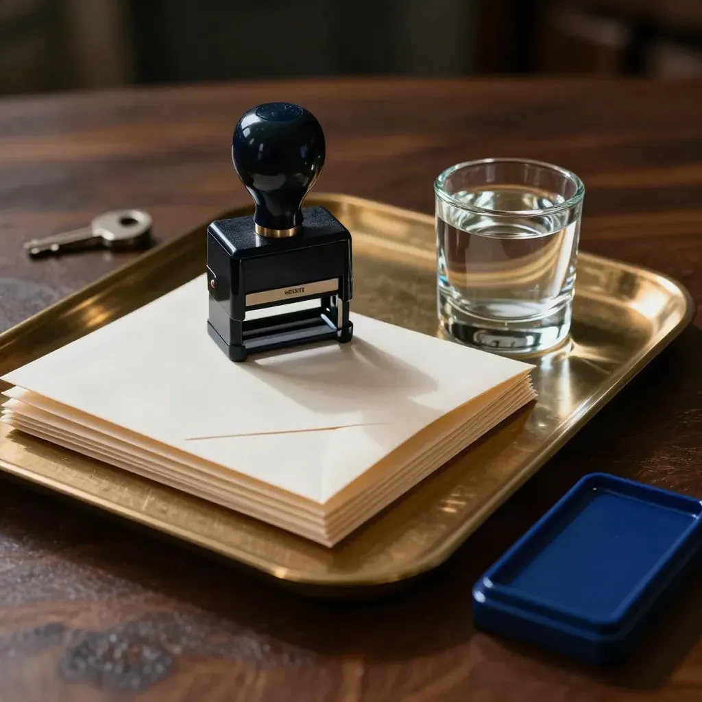 Stempel, enveloppen, brass tray en papiergewicht op donkere houten ondergrond.