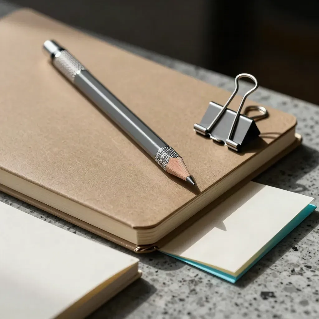 Bovenaanzicht van een mechanisch potlood, notitieboek, paperclips en gevouwen projectkaart.