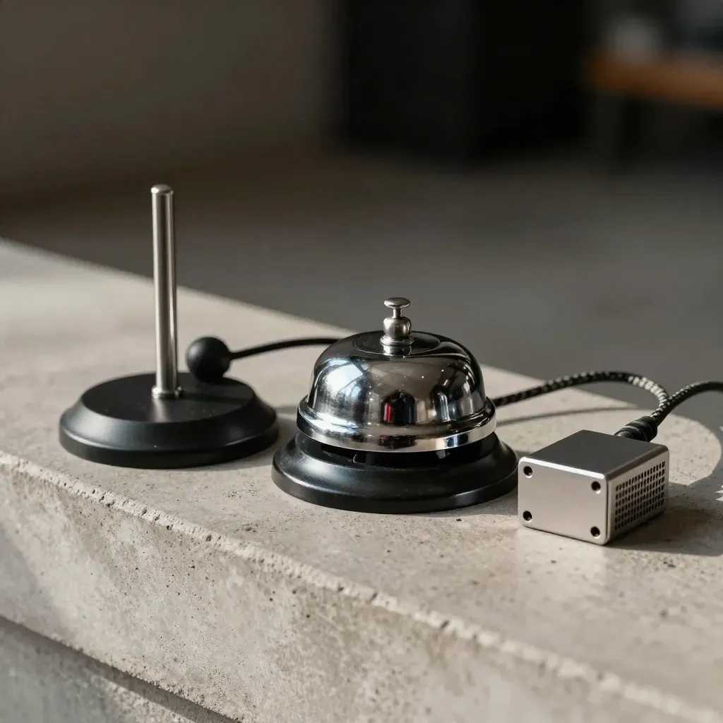 Headsetstand, bel, kabel en routernode op beton met dramatisch licht