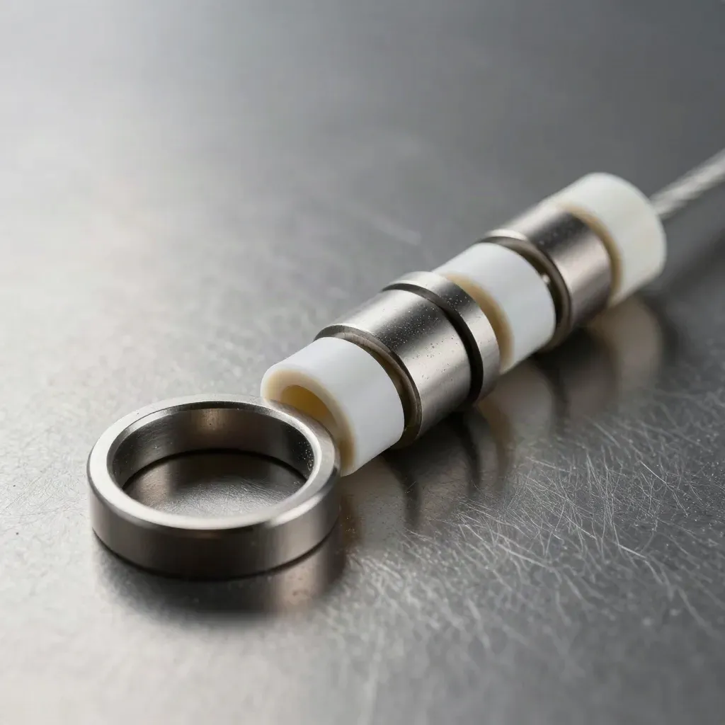 Metalen ringen en connectors van bovenaf op geborsteld staal, strak en precies verbonden