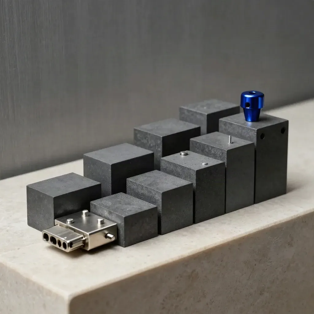 Graphietblokken met magnetische pinnen en een connectorrail op lichte kalksteen, dramatisch uitgelicht.