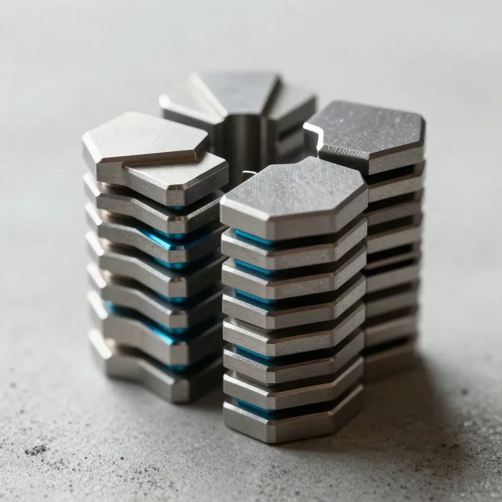 Metaalbrackets en fasteners in macro op grijze betonlook met cyan accent.