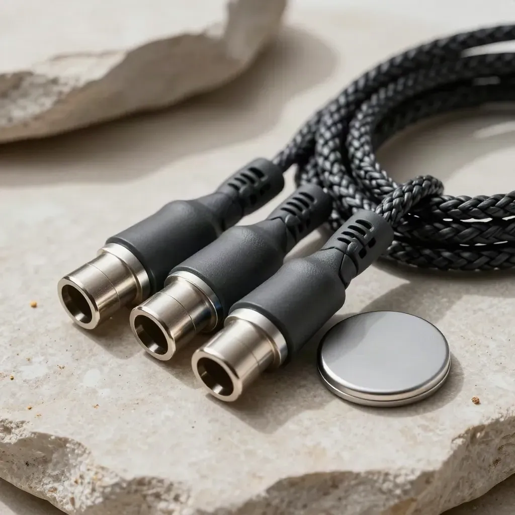 Braidede betaalkabel, NFC-puck en metalen connectoren op lichte steen.